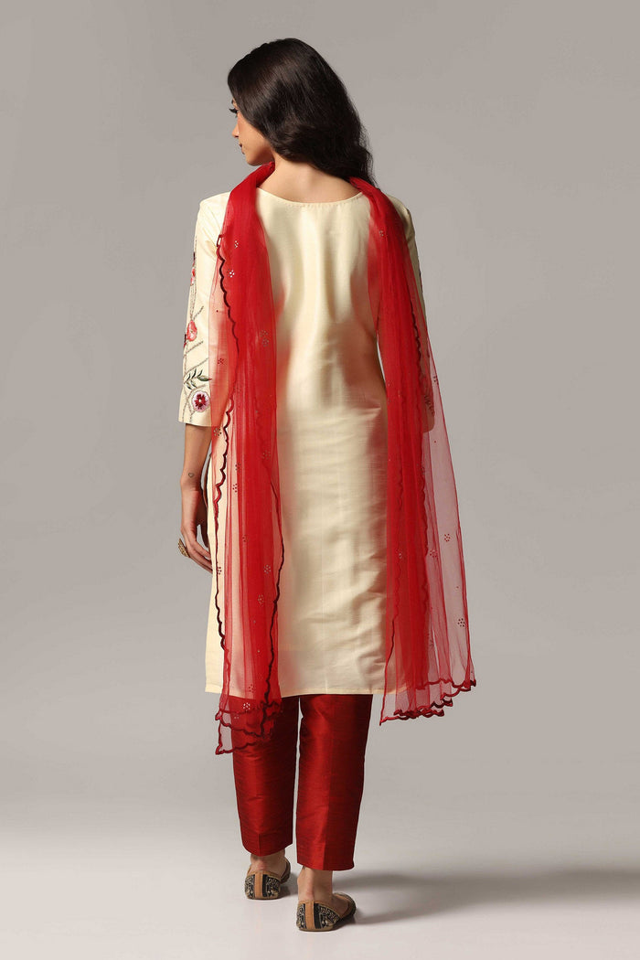 Cream Raw Silk Kurti With Contrast Pants And Netted Dupatta Set