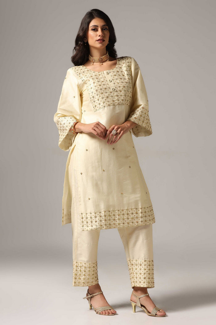 Cream Raw Silk Kurti With Palazzo Pants And Dupatta