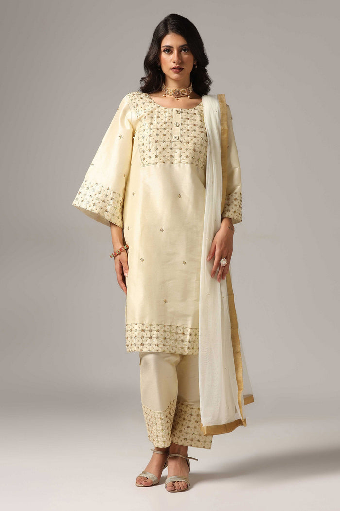 Cream Raw Silk Kurti With Palazzo Pants And Dupatta