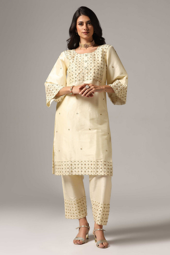 Cream Raw Silk Kurti With Palazzo Pants And Dupatta