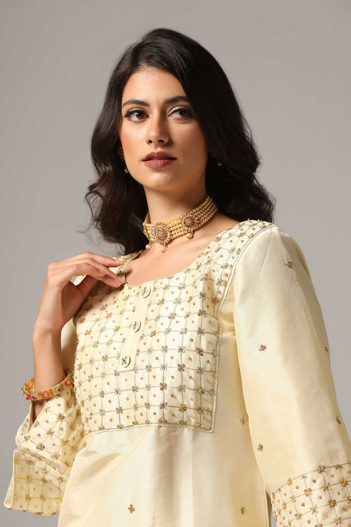 Cream Raw Silk Kurti With Palazzo Pants And Dupatta