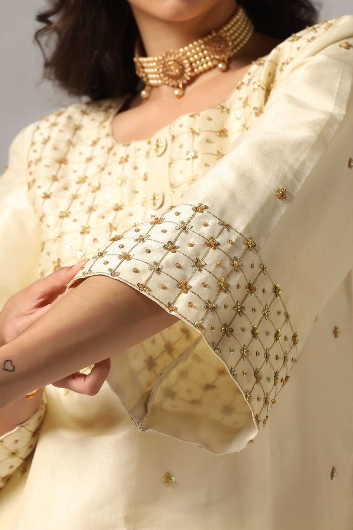 Cream Raw Silk Kurti With Palazzo Pants And Dupatta