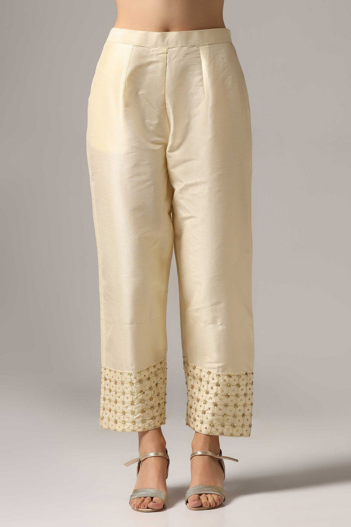 Cream Raw Silk Kurti With Palazzo Pants And Dupatta