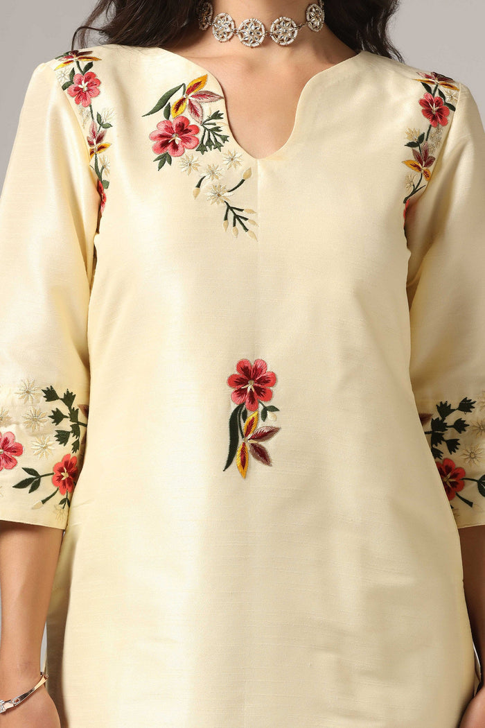 Cream Raw Silk Kurti With Pants And Dupatta