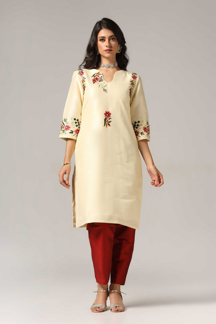 Cream Raw Silk Kurti With Pants And Dupatta