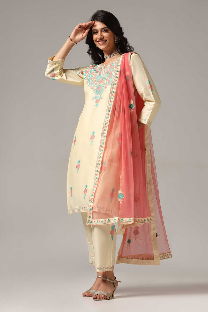Cream Raw Silk Kurti With Pants And Netted Dupatta Set