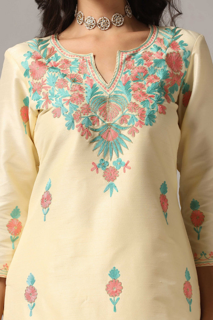 Cream Raw Silk Kurti With Pants And Netted Dupatta Set