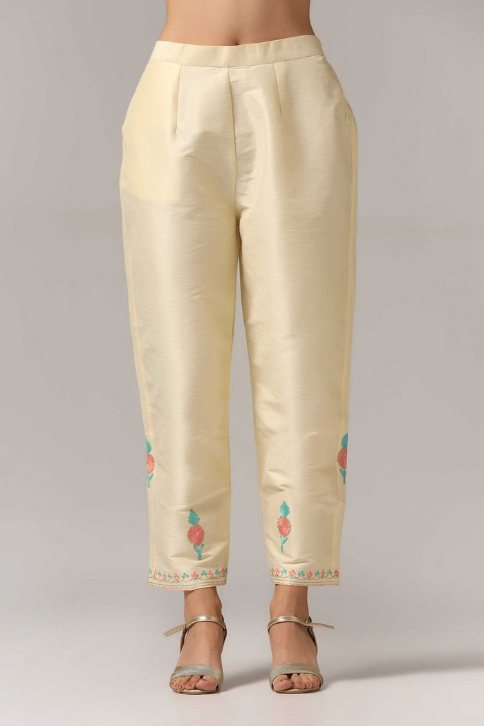 Cream Raw Silk Kurti With Pants And Netted Dupatta Set