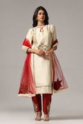 Cream Raw Silk Kurti With Pants And Netted Dupatta