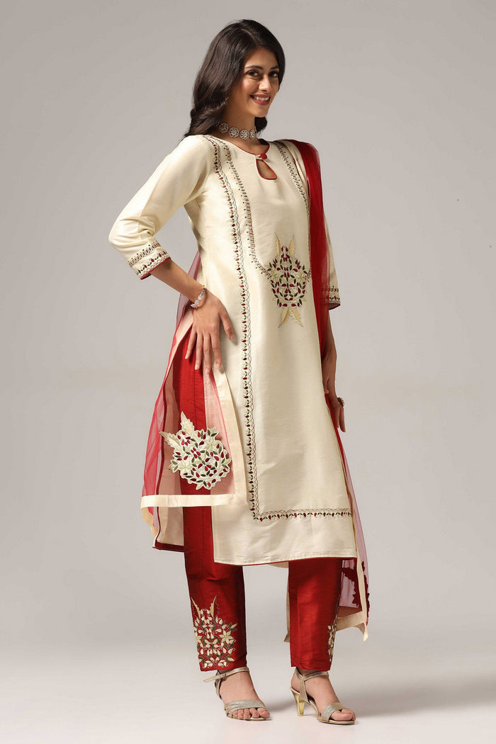 Cream Raw Silk Kurti With Pants And Netted Dupatta