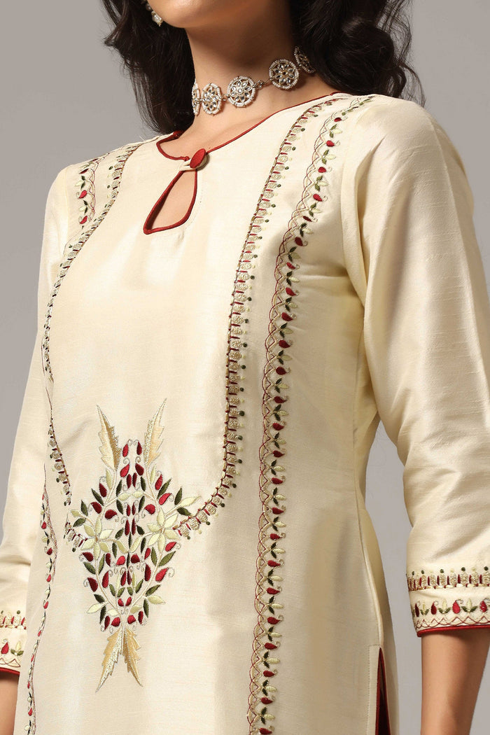 Cream Raw Silk Kurti With Pants And Netted Dupatta