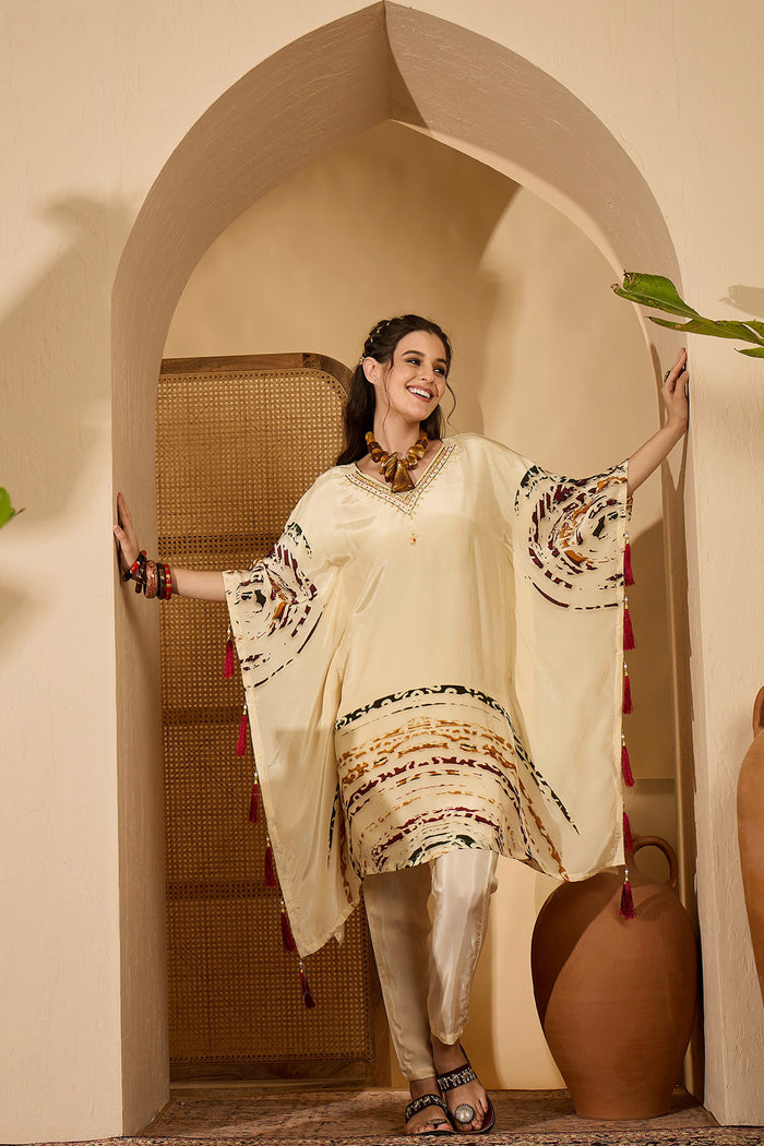 Cream Silk Printed Kaftan Set