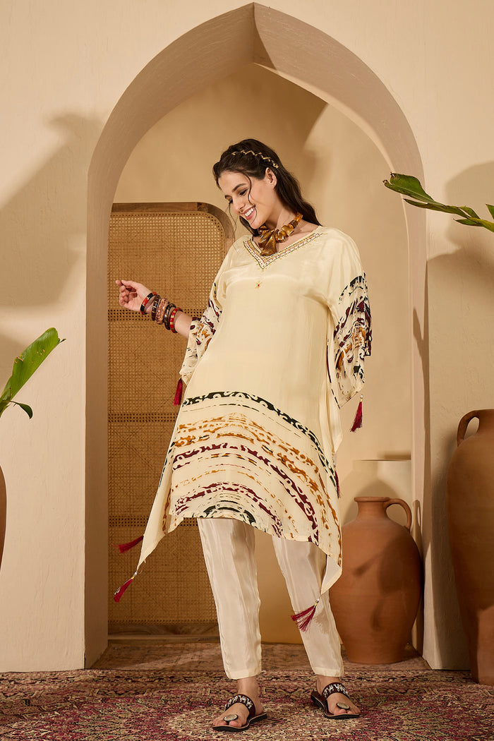 Cream Silk Printed Kaftan Set