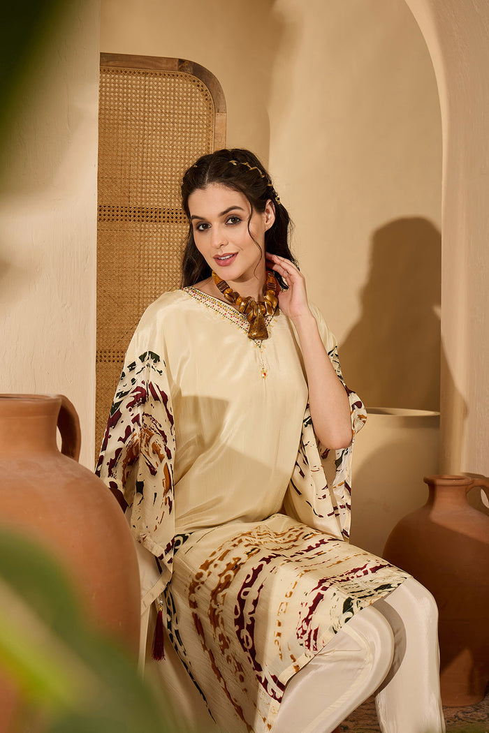 Cream Silk Printed Kaftan Set