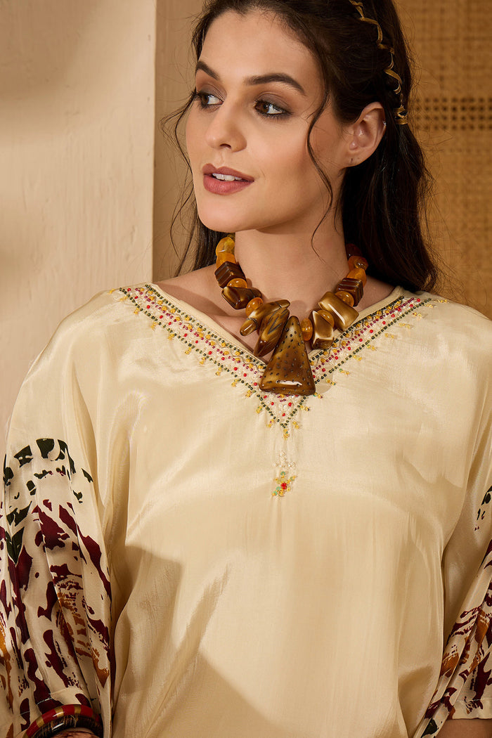 Cream Silk Printed Kaftan Set