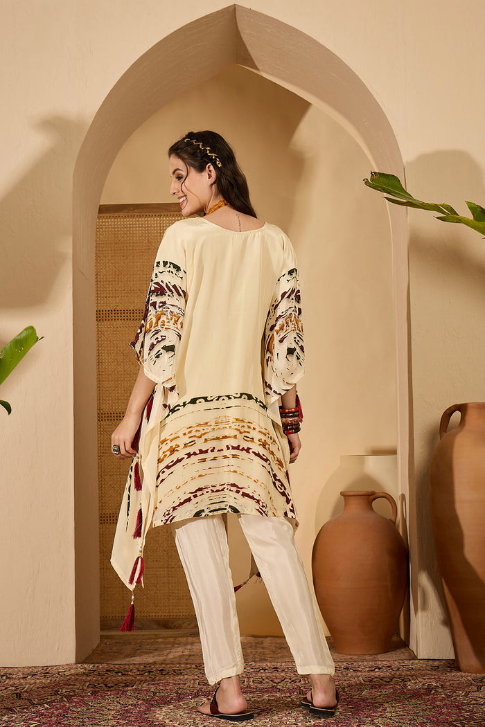 Cream Silk Printed Kaftan Set