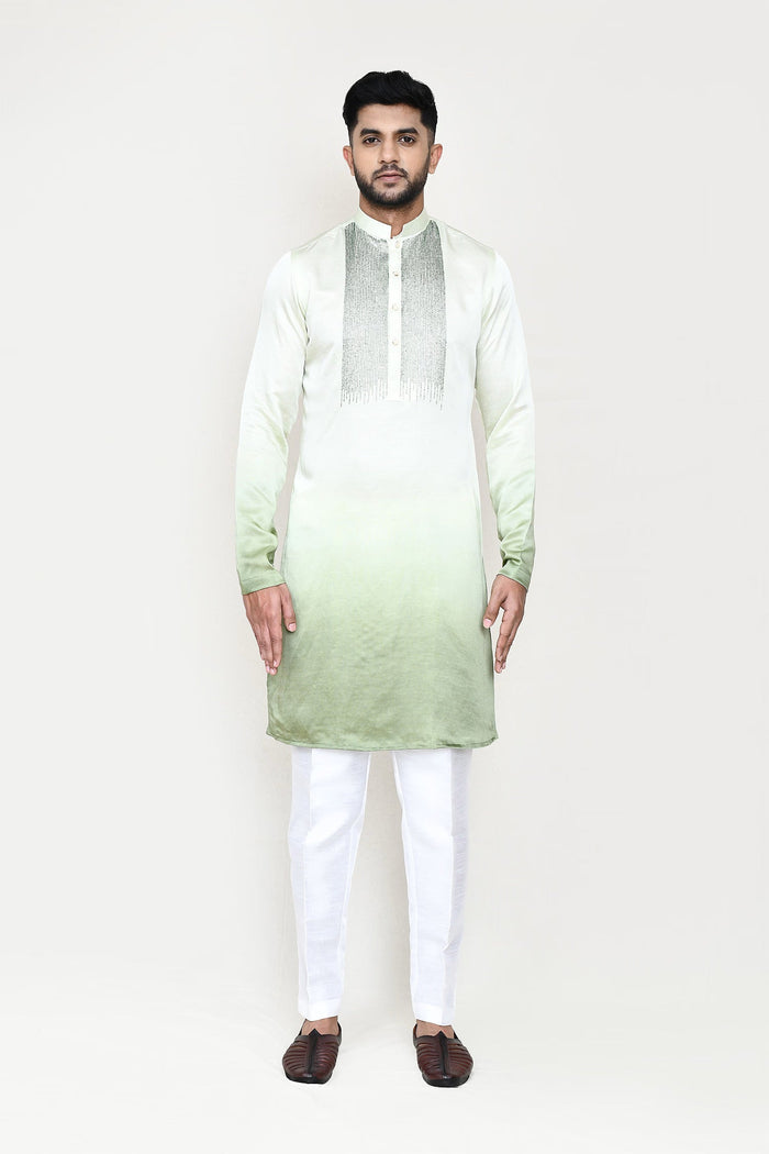 Cream To Green Gradient Satin Silk Kurta Set
