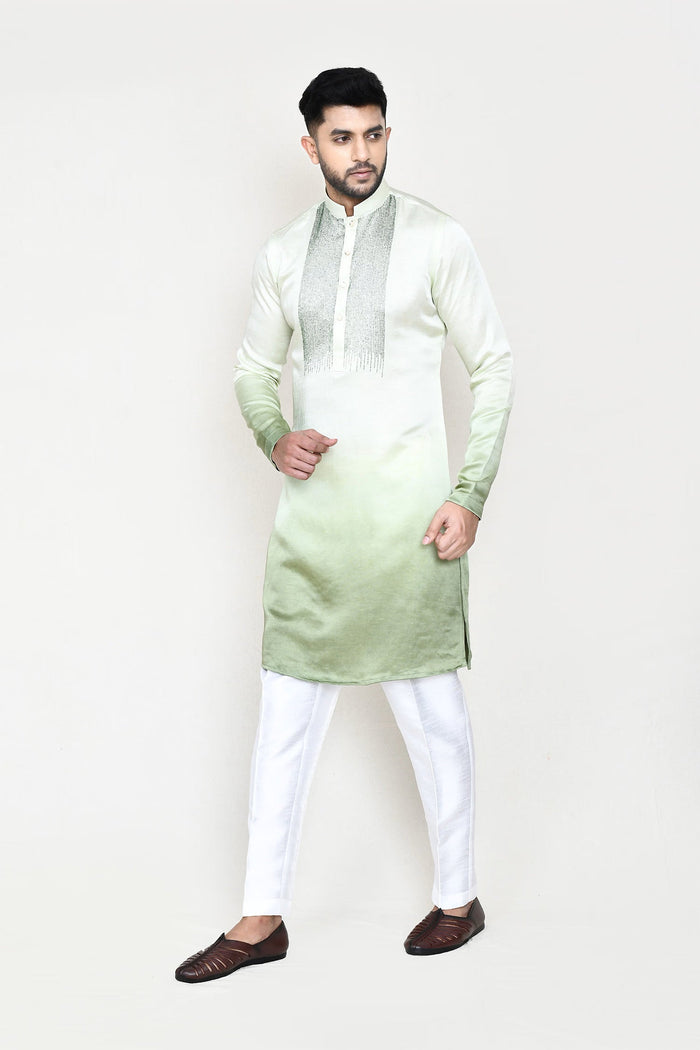 Cream To Green Gradient Satin Silk Kurta Set