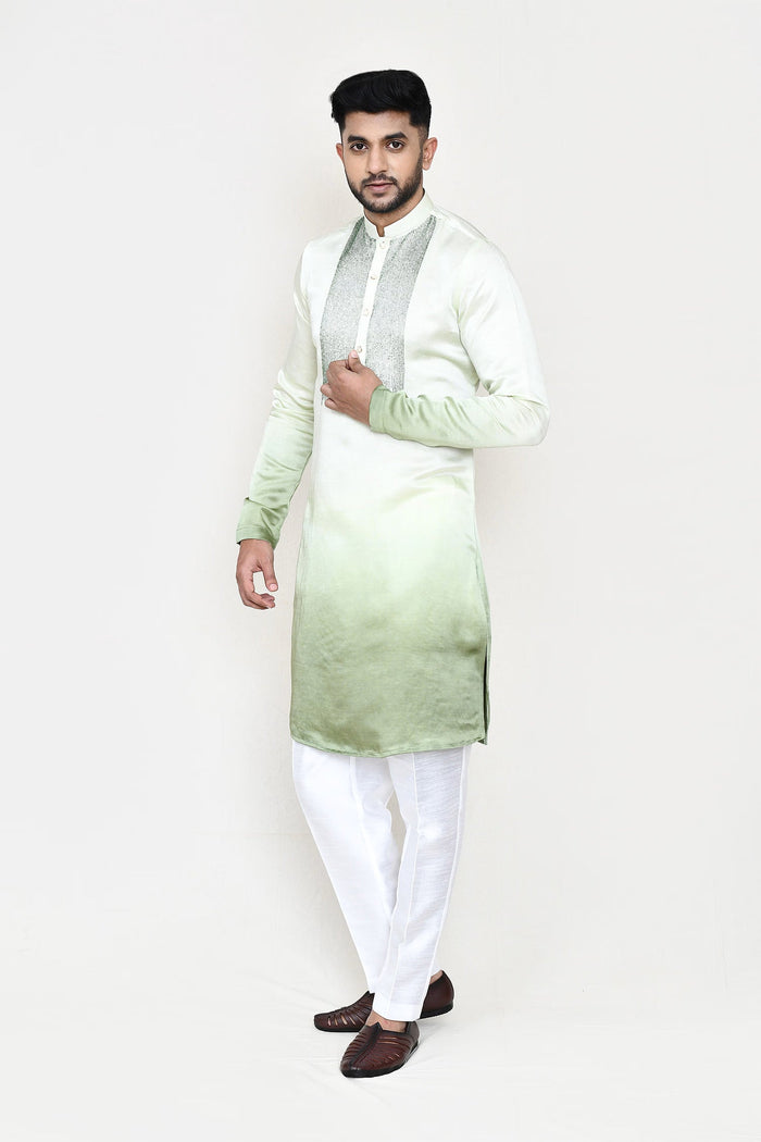 Cream To Green Gradient Satin Silk Kurta Set