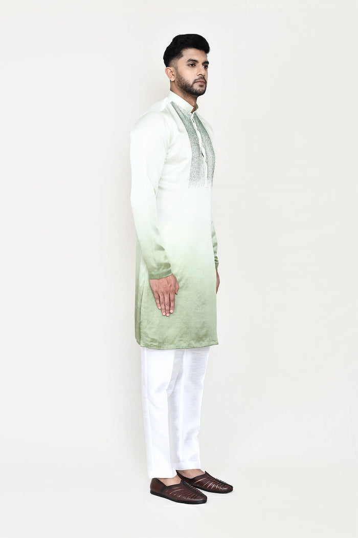 Cream To Green Gradient Satin Silk Kurta Set
