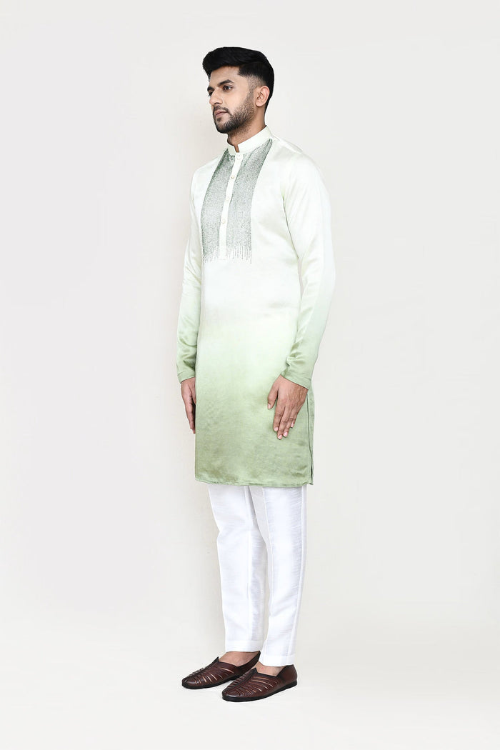 Cream To Green Gradient Satin Silk Kurta Set