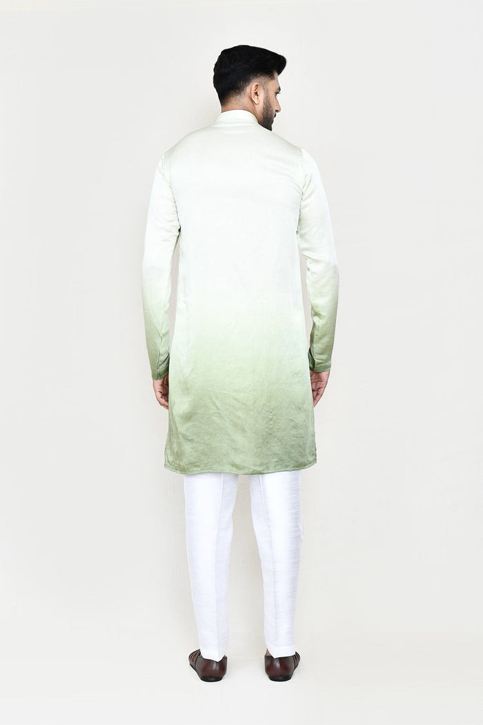 Cream To Green Gradient Satin Silk Kurta Set