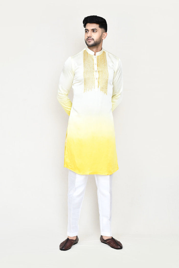 Cream To Yellow Gradient Satin Silk Kurta Set