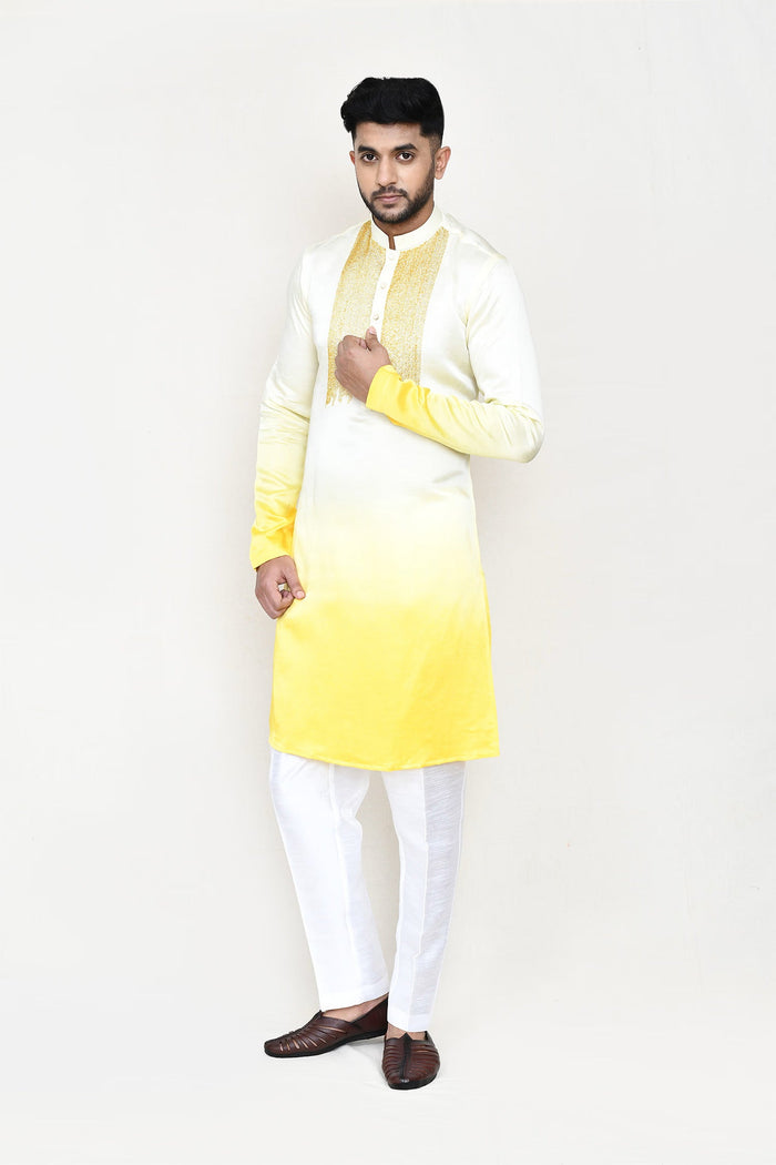 Cream To Yellow Gradient Satin Silk Kurta Set