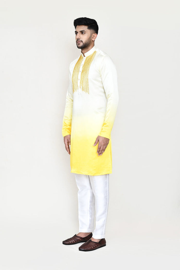 Cream To Yellow Gradient Satin Silk Kurta Set