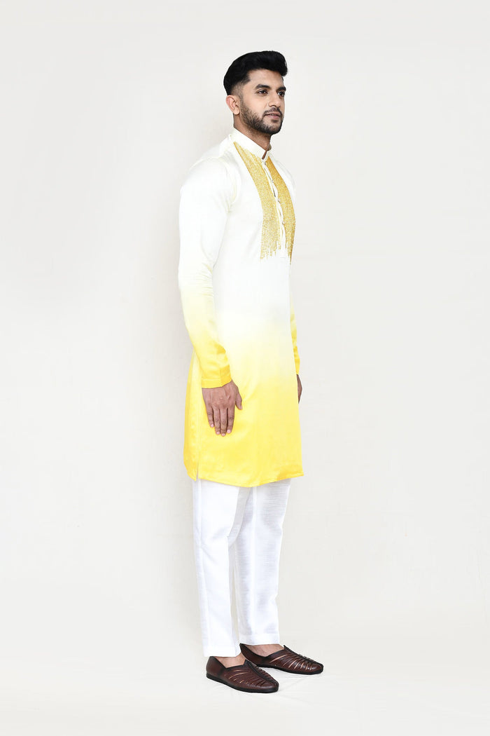 Cream To Yellow Gradient Satin Silk Kurta Set