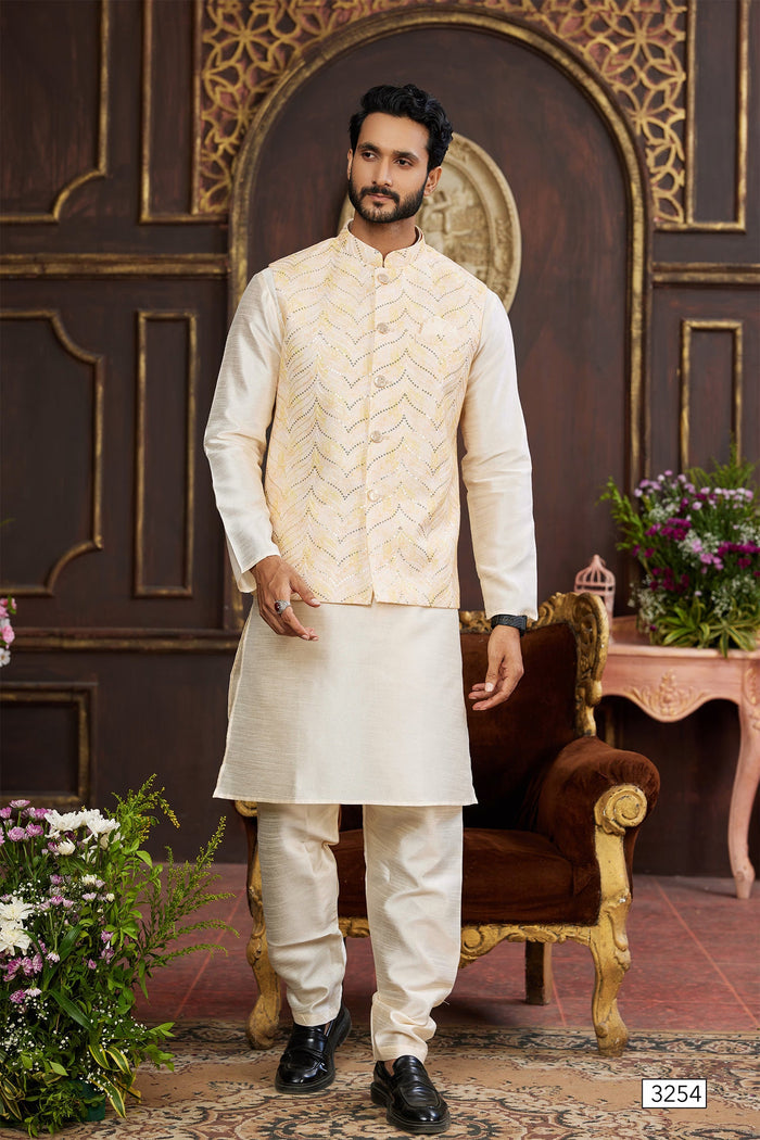Cream Yellow Art Banarasi Silk Kurta Set With Jacket