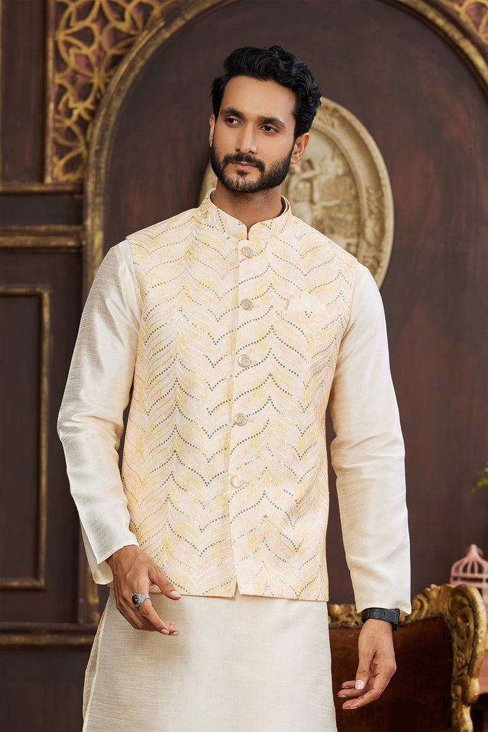 Cream Yellow Art Banarasi Silk Kurta Set With Jacket