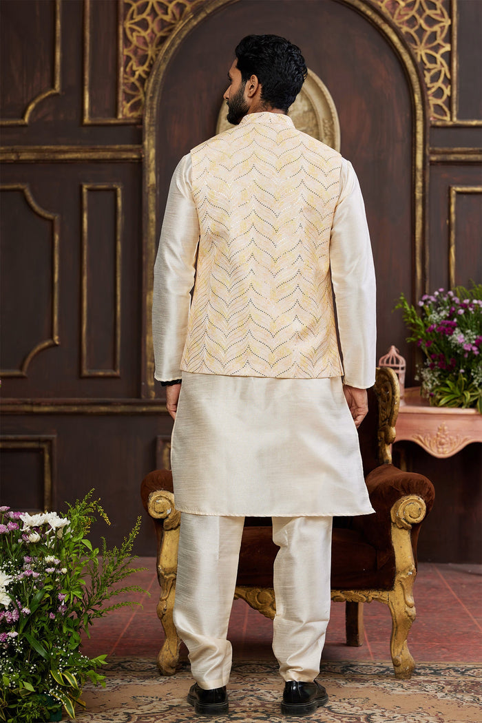 Cream Yellow Art Banarasi Silk Kurta Set With Jacket