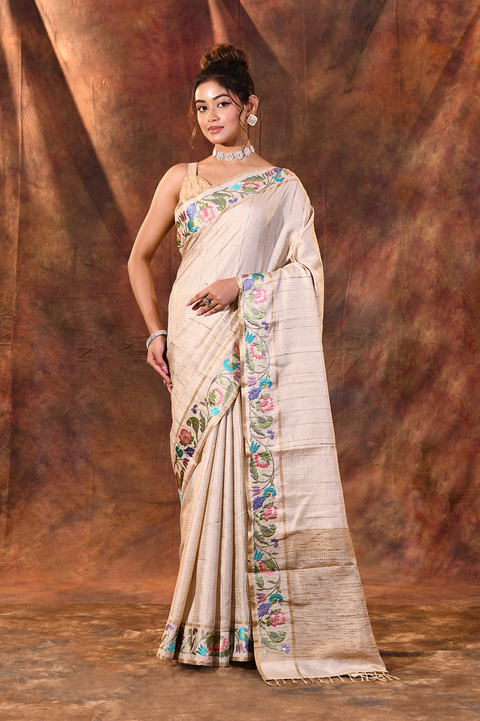 Creamish White Embroidered Tussar Saree