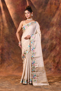 Creamish White Embroidered Tussar Saree