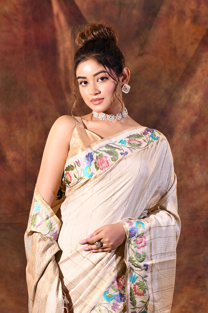Creamish White Embroidered Tussar Saree