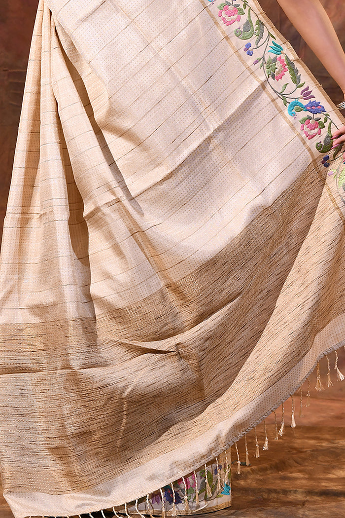 Creamish White Embroidered Tussar Saree