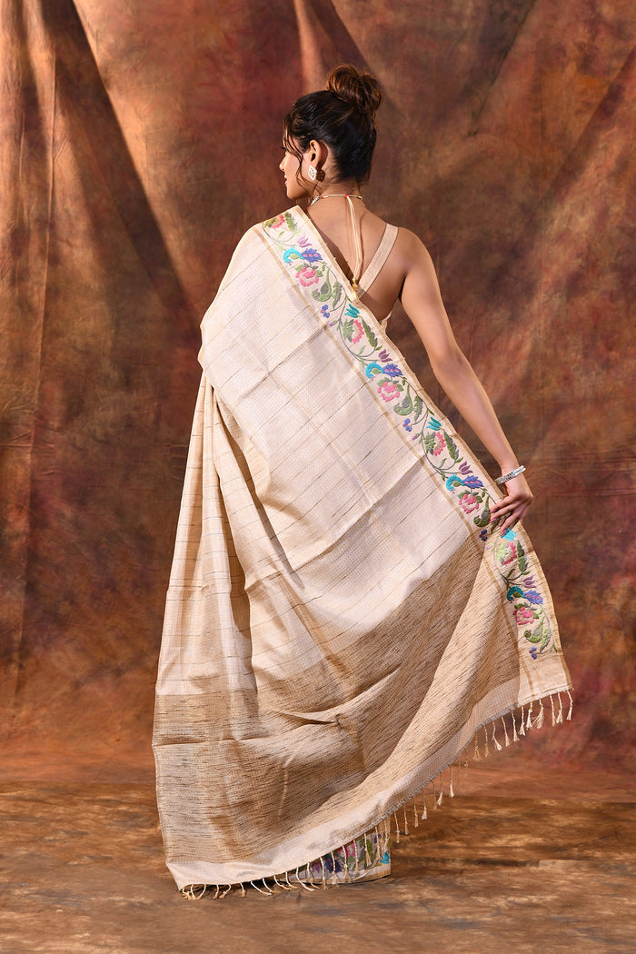 Creamish White Embroidered Tussar Saree