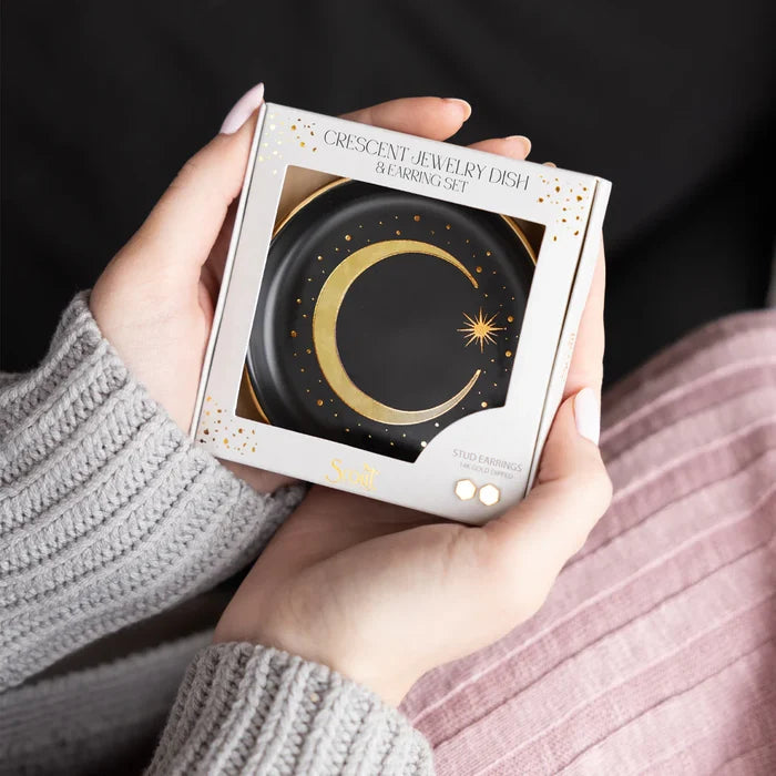 Crescent Dish & Gold Earring Set in Black - Madison's Niche