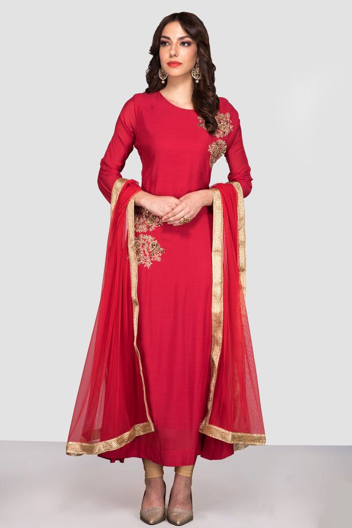 Crimson Gold Floral Motif Anarkali Set