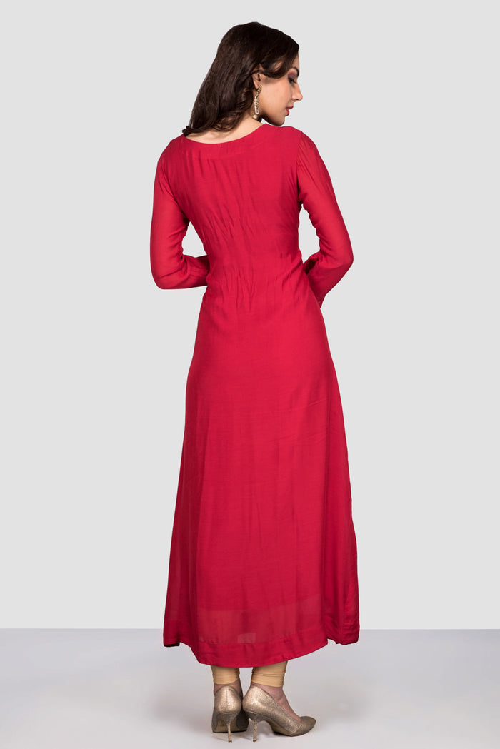 Crimson Gold Floral Motif Anarkali Set