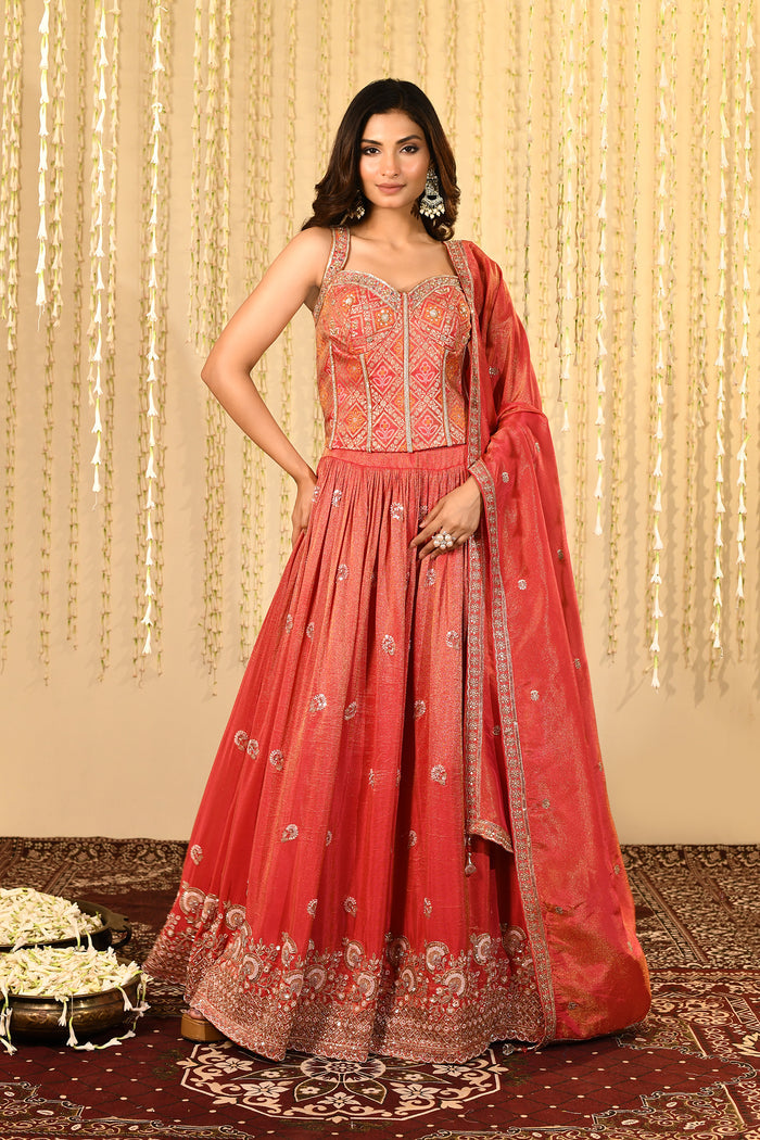 Crimson Pink Floral Embroidered Tissue Lehenga Set