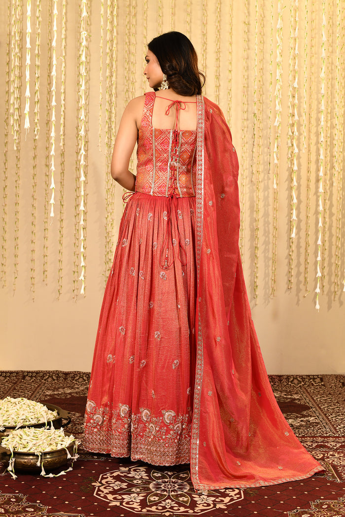 Crimson Pink Floral Embroidered Tissue Lehenga Set