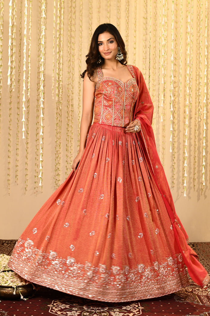 Crimson Pink Floral Embroidered Tissue Lehenga Set