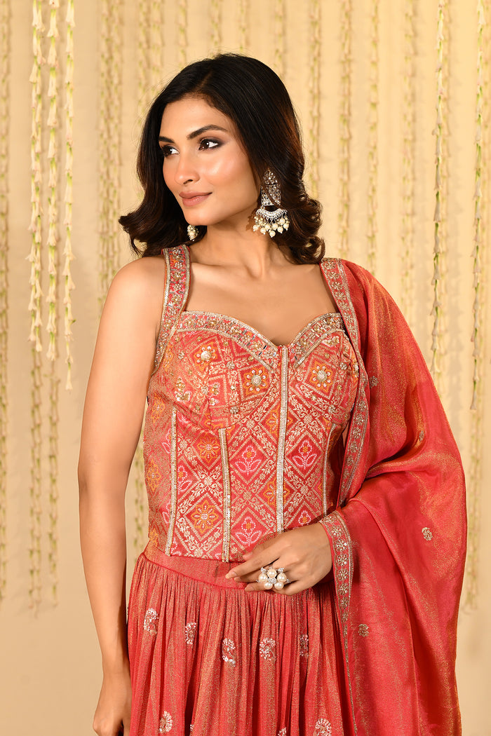 Crimson Pink Floral Embroidered Tissue Lehenga Set