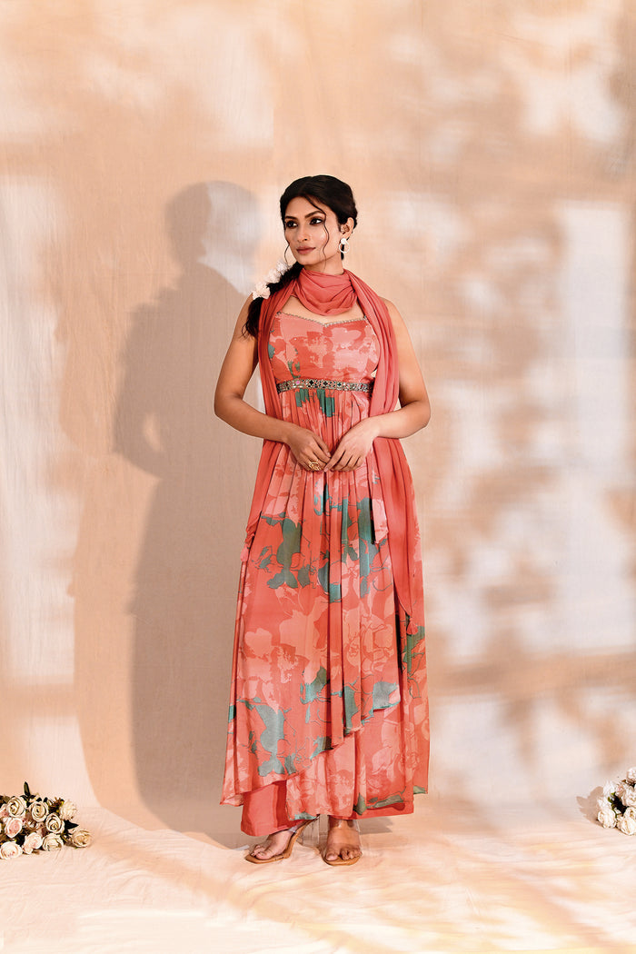 Crimson Pink Georgette Floral Anarkali Set