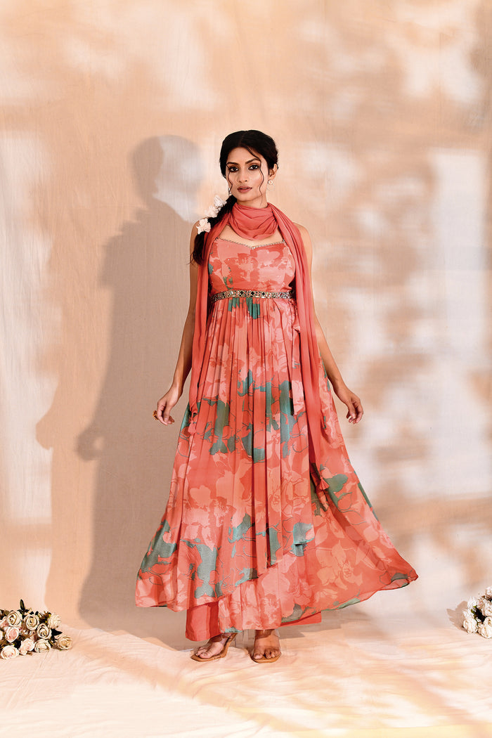 Crimson Pink Georgette Floral Anarkali Set