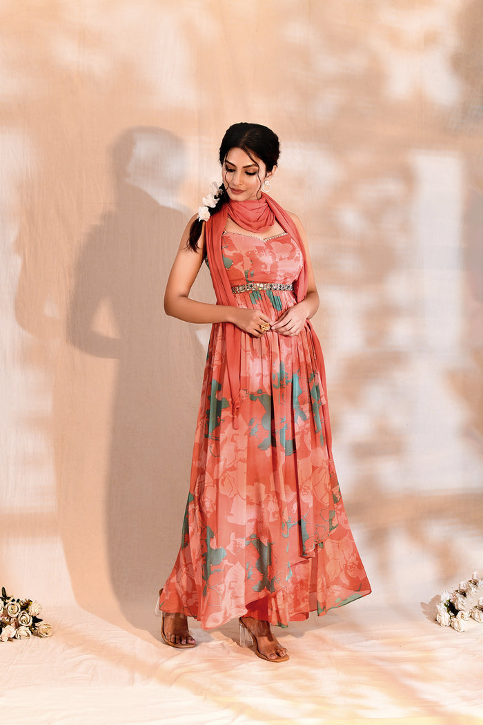 Crimson Pink Georgette Floral Anarkali Set