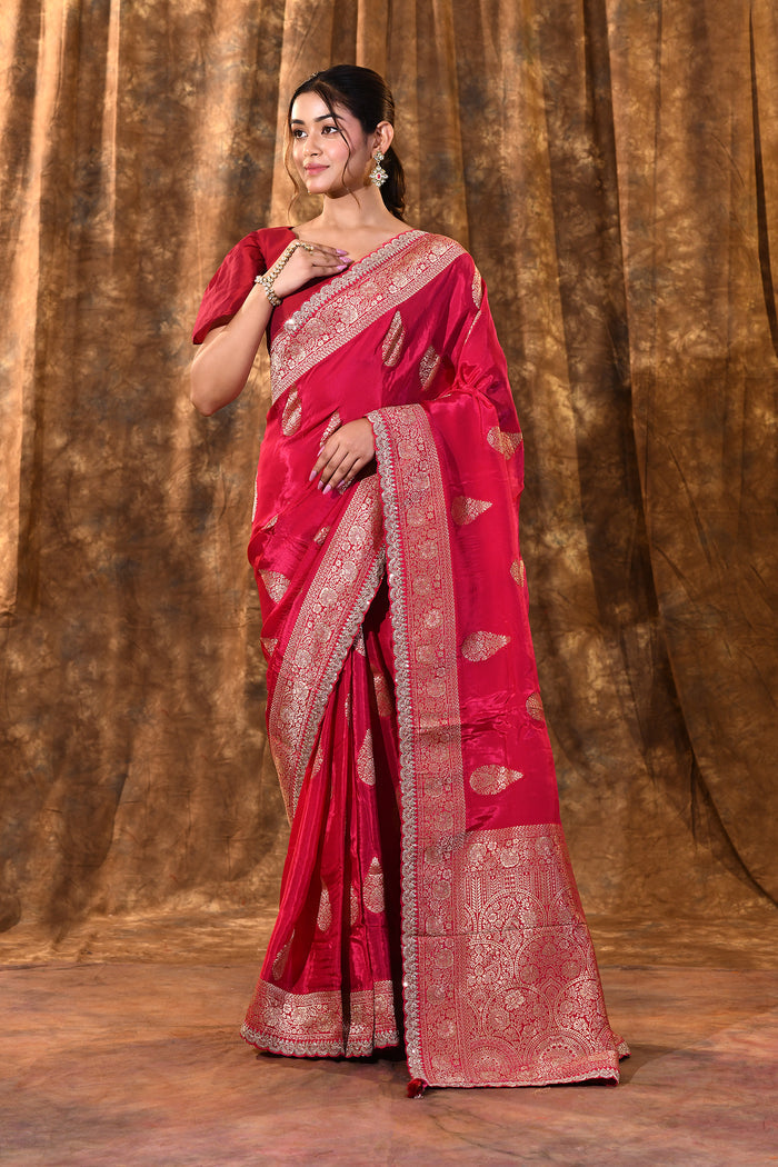 Crimson Pink Paisley Banarasi Silk Saree