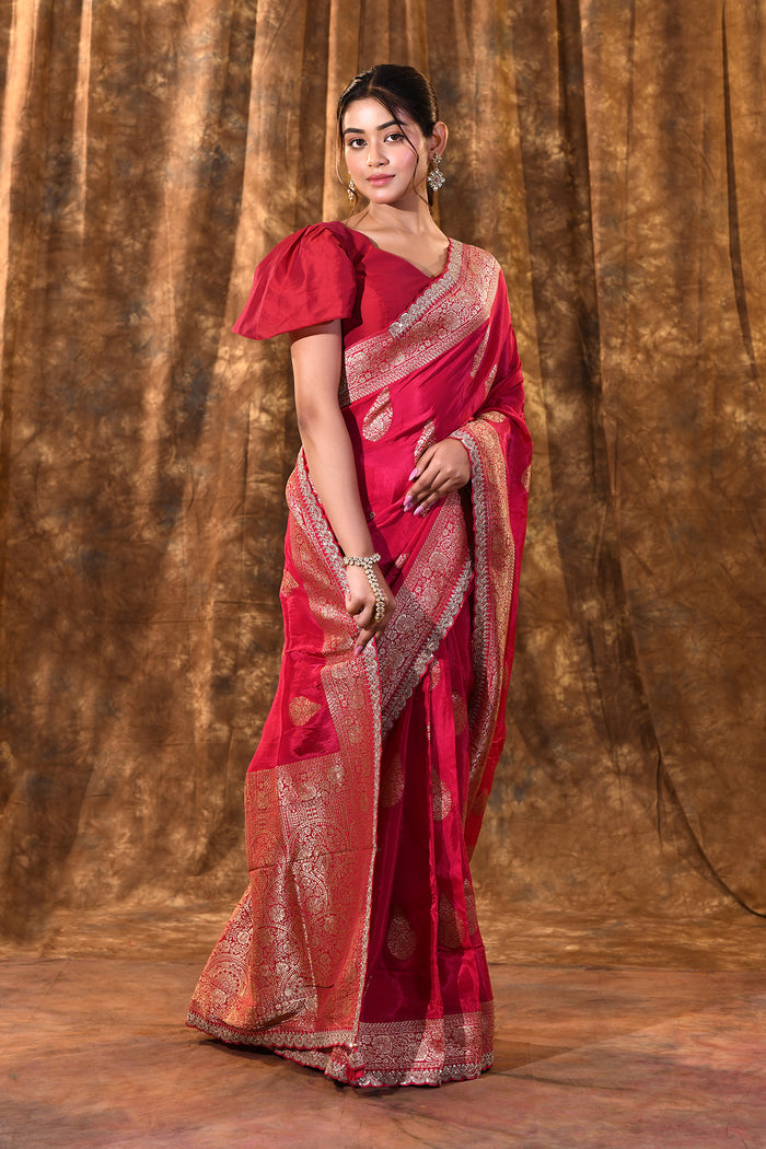 Crimson Pink Paisley Banarasi Silk Saree